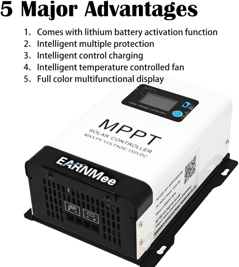 EARNMee 60A MPPT Solar Charge Controller, 18-150VDC PV Input, 12V/24V/48V Adjustable Output, Ideal for RV, Large Solar Systems, Compatible with Mono/Poly Panels & Lead-Acid/Lithium Batteries - Image 4